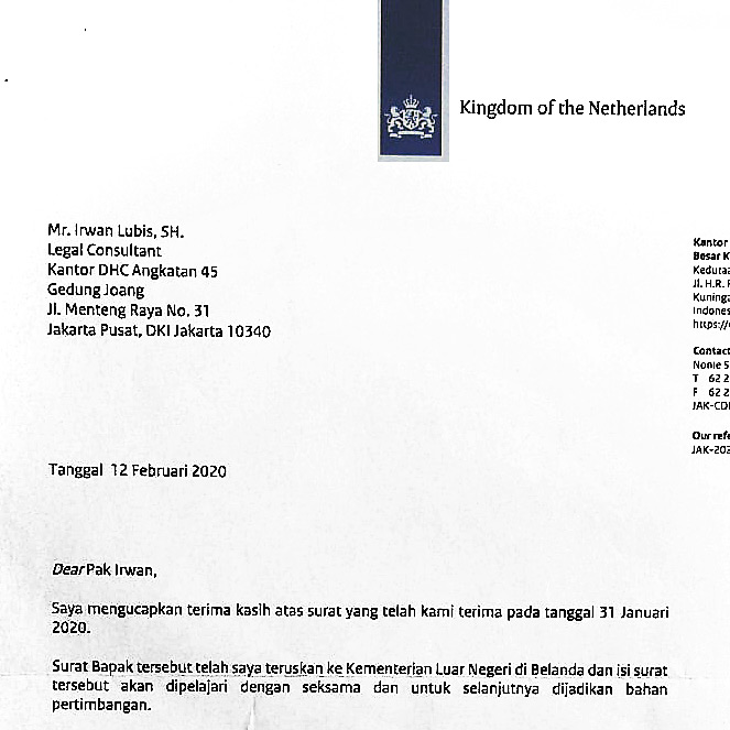 Dutch ambassador Lambert Grijns forwards letter to the King 